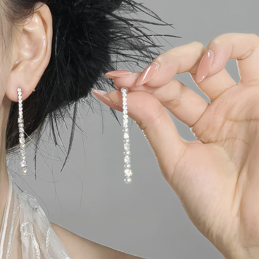 A2廠 韓國韓版超閃鋯石長珍珠流蘇銀針耳環 批發 折扣@洽客服 25.11.W1「HE24410」