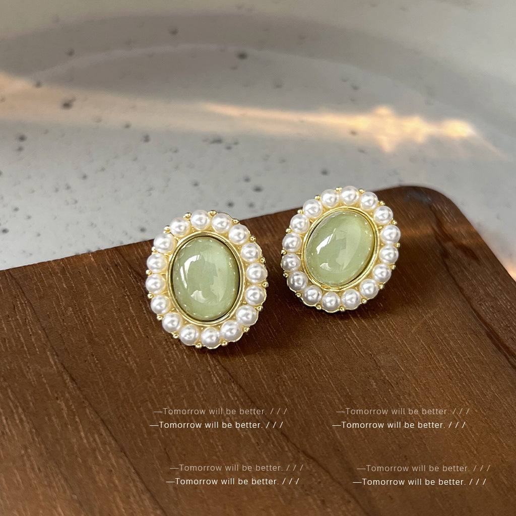 A廠 日韓款 復古綠橢圓形珍珠銀針耳環 批發 折扣@洽客服 25.11.W2「A106」