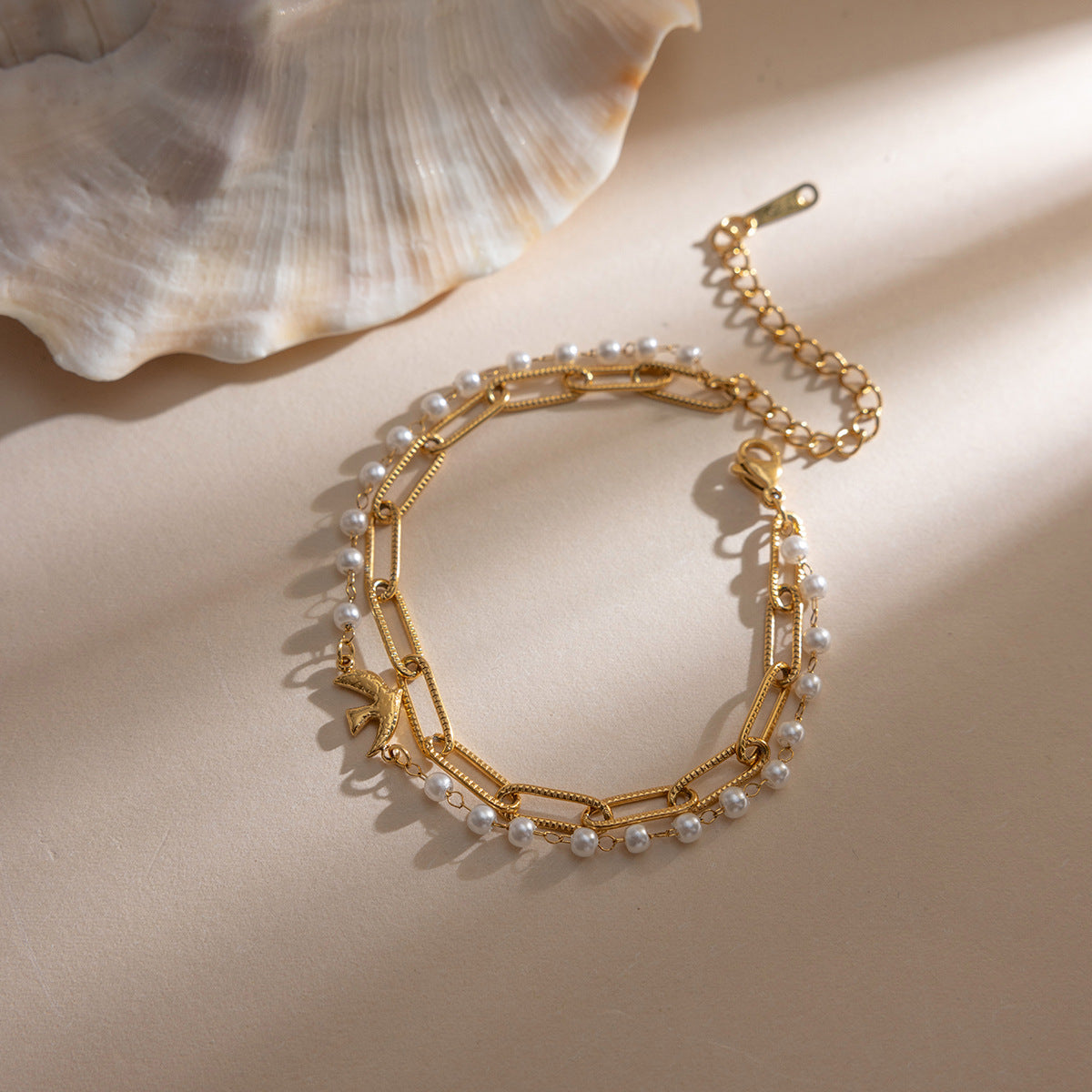 B廠 鈦鋼鍍18K金｜歐美仿珍珠和平鴿手鍊 批發 折扣@洽客服 26.01.W4「JDB0211110」