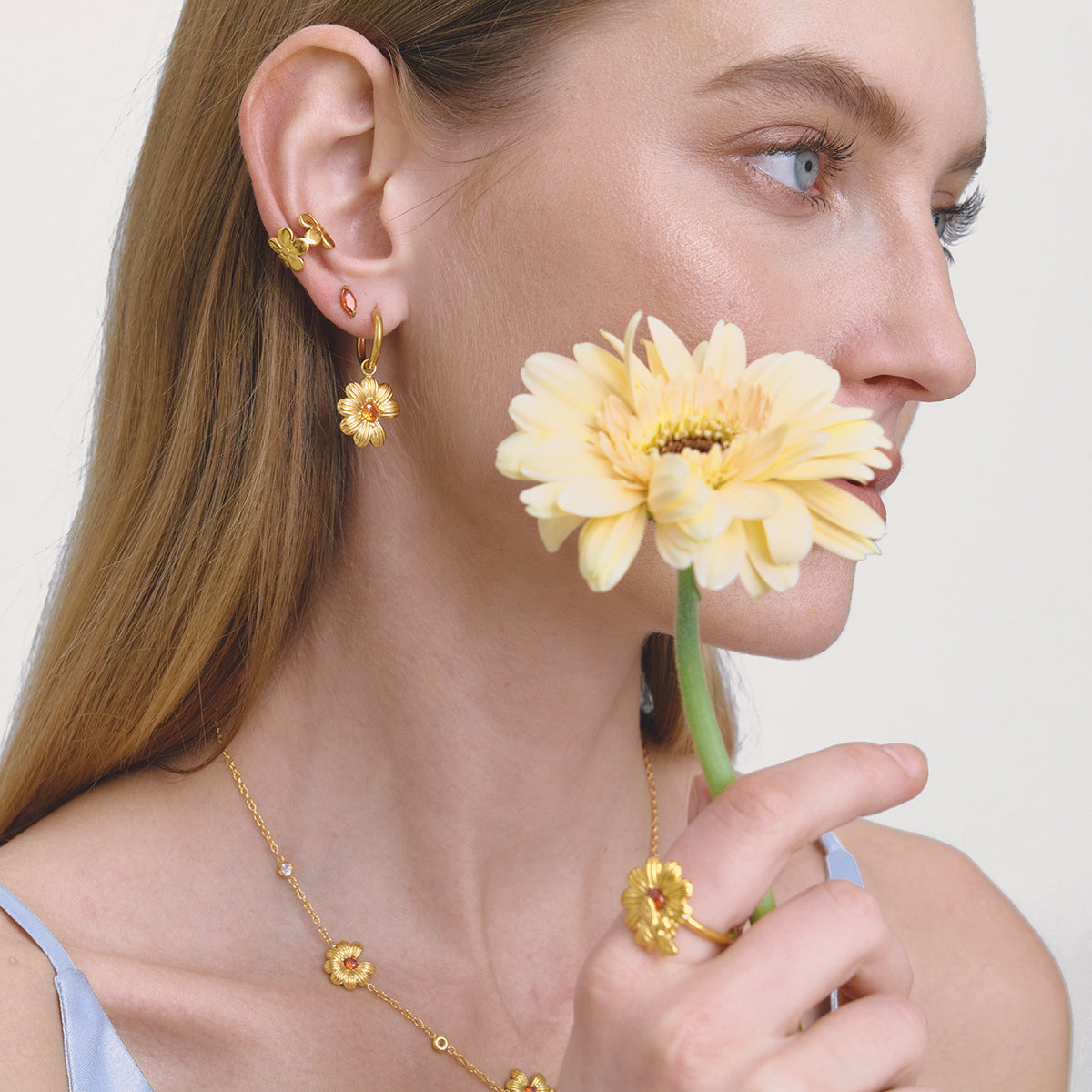 B廠 鈦鋼鍍18K金｜歐美橘色鋯石蜜蜂小雛菊戒指 批發 折扣@洽客服 26.01.W4「JDR0211102-7」