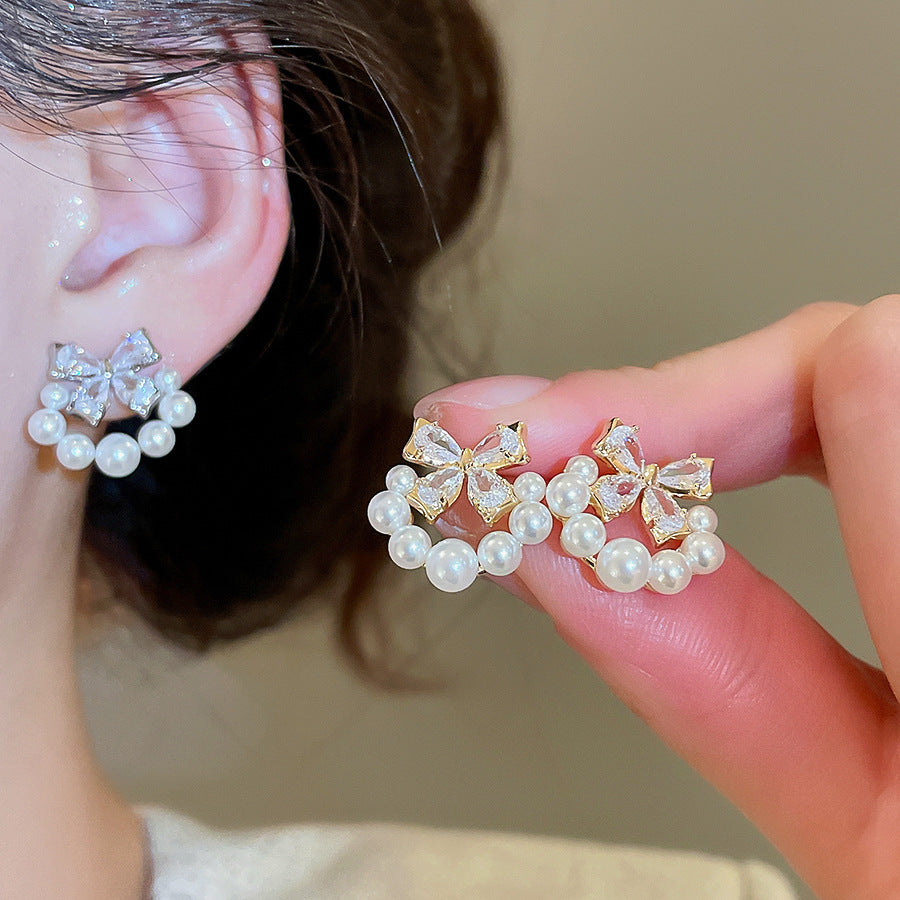 A2廠 韓國韓版鋯石蝴蝶結珍珠銀針耳環 批發 折扣@洽客服 26.03.W1「HE30793」