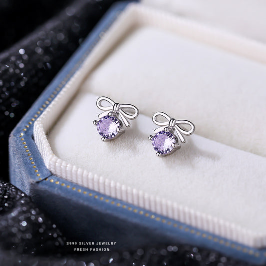 C廠 韓國韓版蝴蝶結紫鋯S999純銀耳環 批發 折扣@洽客服 26.04.W4「E6257」