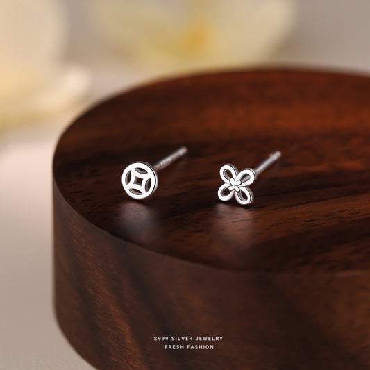 C廠 韓國韓版銀銅錢四葉草S999純銀耳環 批發 折扣@洽客服 26.04.W4「E6245」
