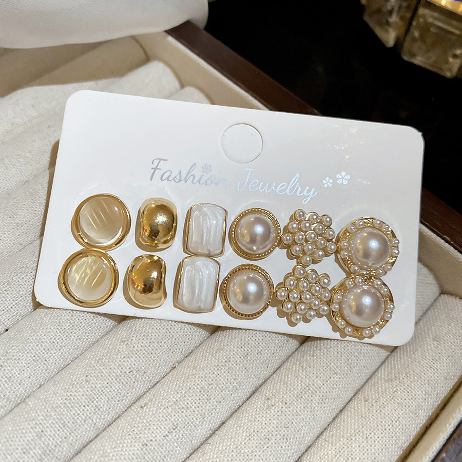 A2廠 韓國韓版幾何珍珠鋼針銀針耳環-6件套 批發 折扣@洽客服 25.12.W3「HE28499」