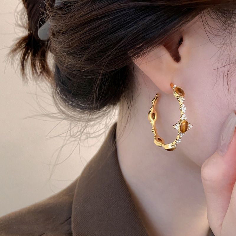 A2廠 韓國韓版虎眼石C型電鍍18k真金耳環  批發 折扣@洽客服 26.01.W1「HE29673」