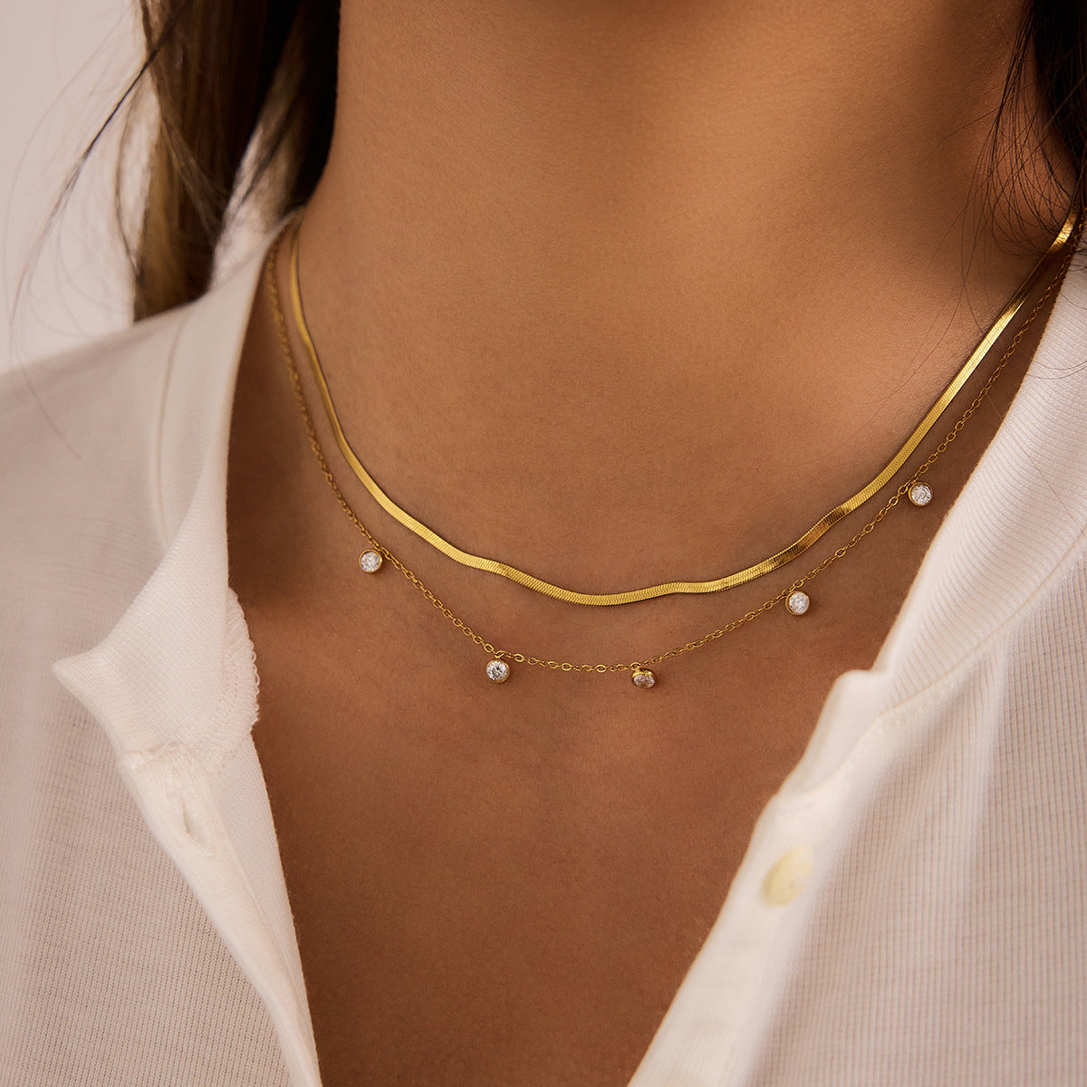 B廠 歐美款 雙層鋯石鈦鋼鍍18K金項鍊 批發 折扣@洽客服 26.03.W1「JDN0211140」