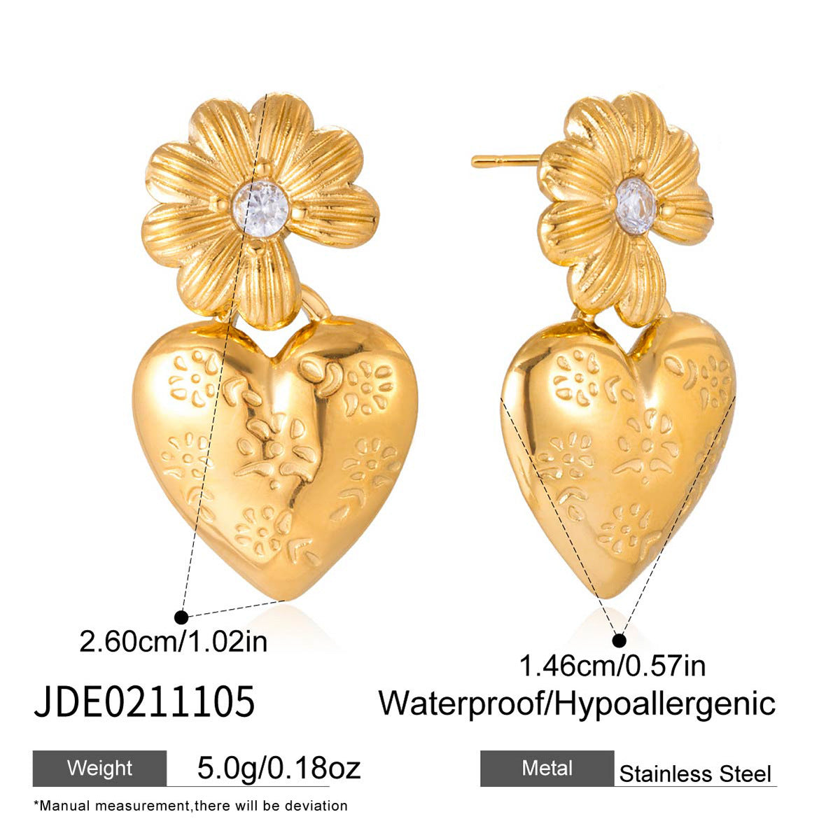 B廠 鈦鋼鍍18K金｜歐美小雛菊愛心耳環 &項鍊 批發 折扣@洽客服 26.01.W4「JDN0211105 JDE0211105」