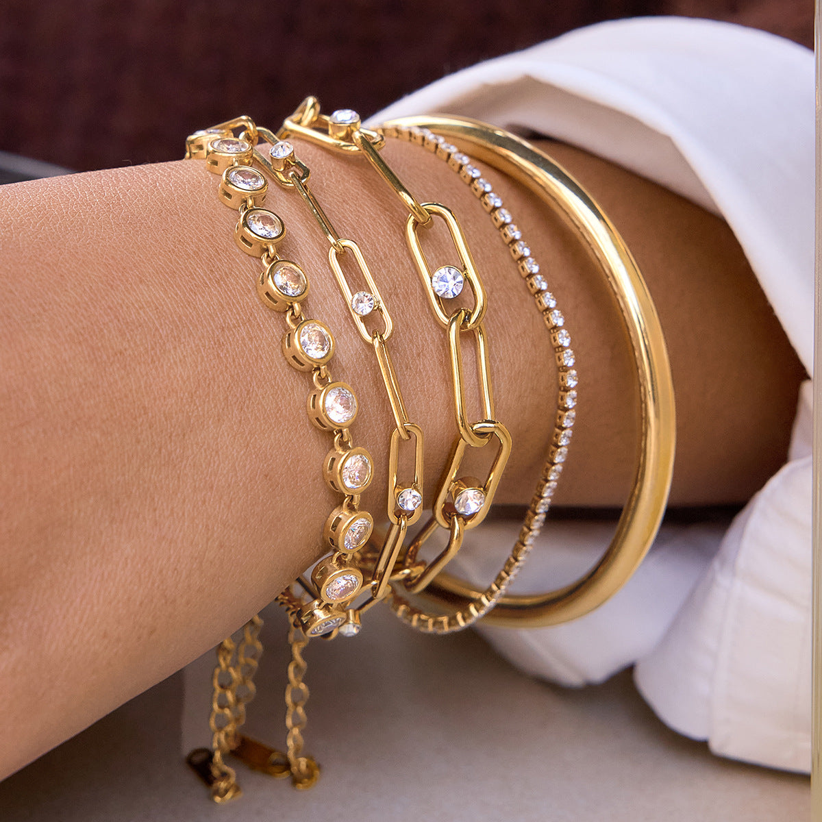 B廠 鈦鋼鍍18K金｜歐美圓形白色鋯石手鍊 批發 折扣@洽客服 26.01.W4「JDB0310026,JDB0310027」