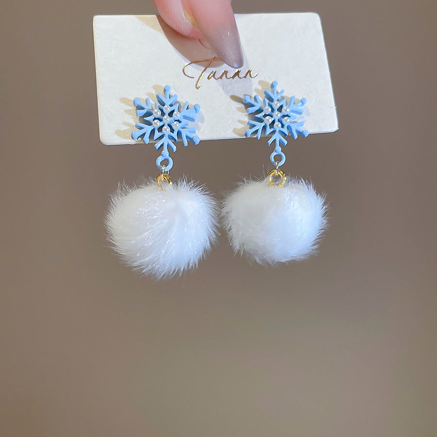 A2廠 韓國韓版聖誕雪花毛球銀針耳環 批發 折扣@洽客服 25.12.W1「HE29437」