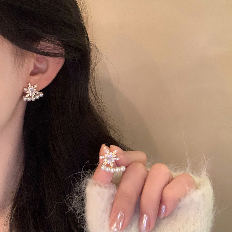 A2廠 韓國韓版鋯石花朵珍珠電鍍14k真金前後帶銀針耳環 批發 折扣@洽客服 25.12.W3「HE29446」