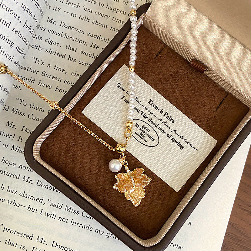 A2廠 韓國韓版鋯石楓葉珍珠串珠電鍍18K真金項鍊 批發 折扣@洽客服 25.11.W2「WN1854」