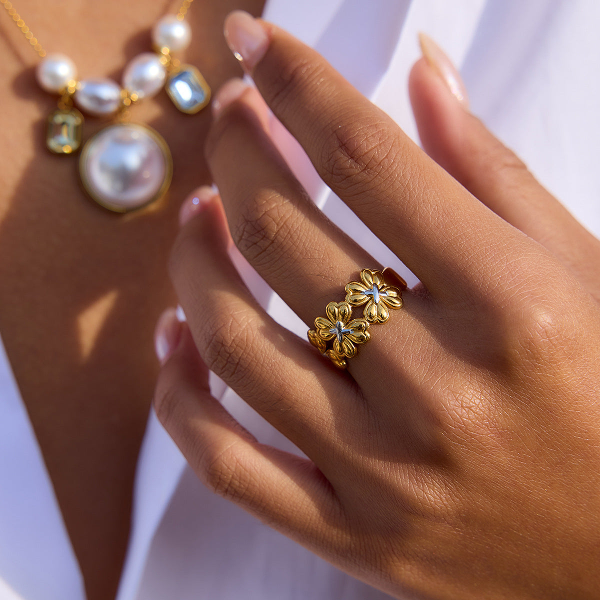 B廠 鈦鋼鍍18K金｜ 四葉草拼色開口戒指 批發 折扣@洽客服 26.01.W2「JDR0410008-PS」