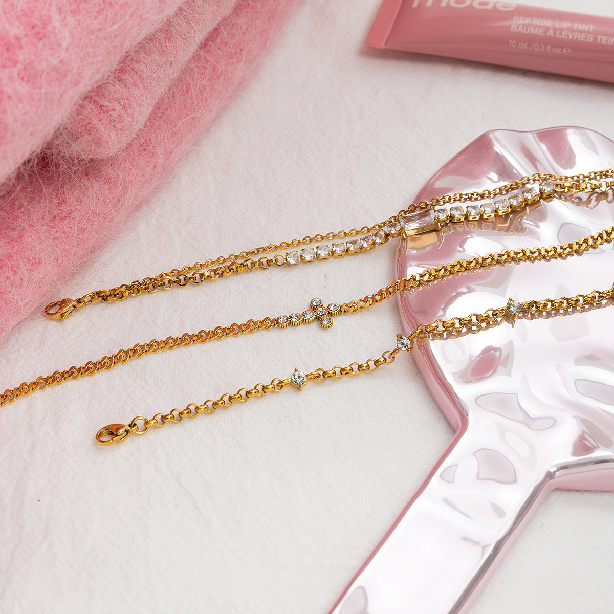 B廠 歐美款 圓形白色鋯石十字鏈 鈦鋼鍍18K金手鍊 批發 折扣@洽客服 25.10.W5「JDB0307032」