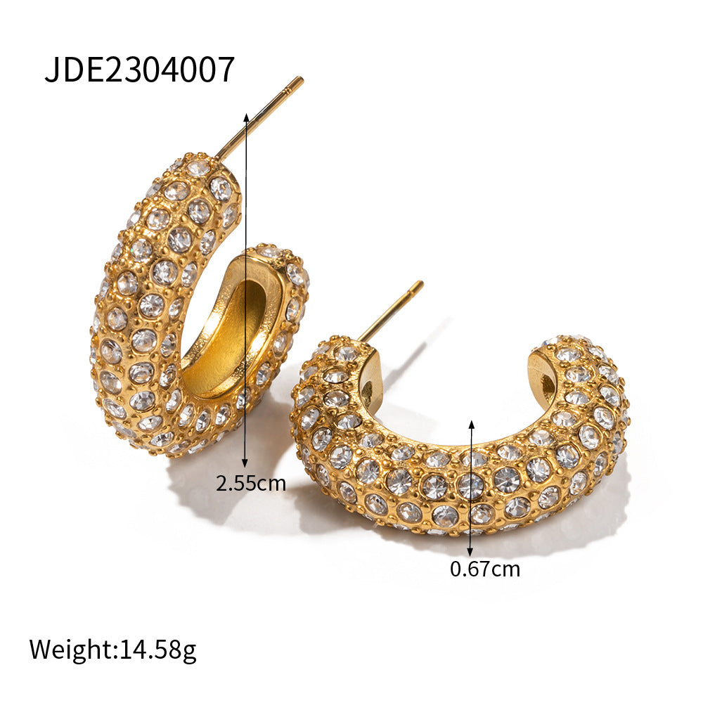 D廠【JDE2304007】歐美高級設計18K金不銹鋼鑲白鑽C形耳飾 23.07.W2