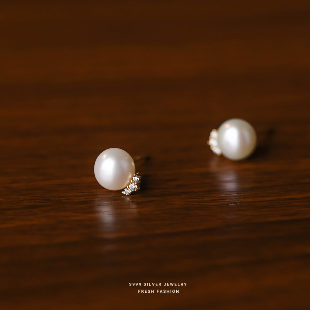 C廠 韓國韓版鑲鑽鑲鋯石淡水珍珠S999足銀耳環批發 折扣@洽客服 26.03.W3「E2961」