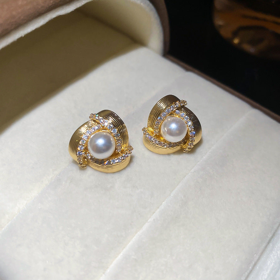 A2廠 韓國韓版鋯石珍珠三角形旋渦銀針耳環 批發 折扣@洽客服 25.11.W1「WE4960」