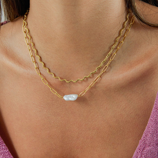 B廠 歐美款 淡水珍珠迴紋針 鈦鋼鍍18K金項鍊「JDN0308009  JDN0305024」批發 折扣@洽客服 25.10.W5