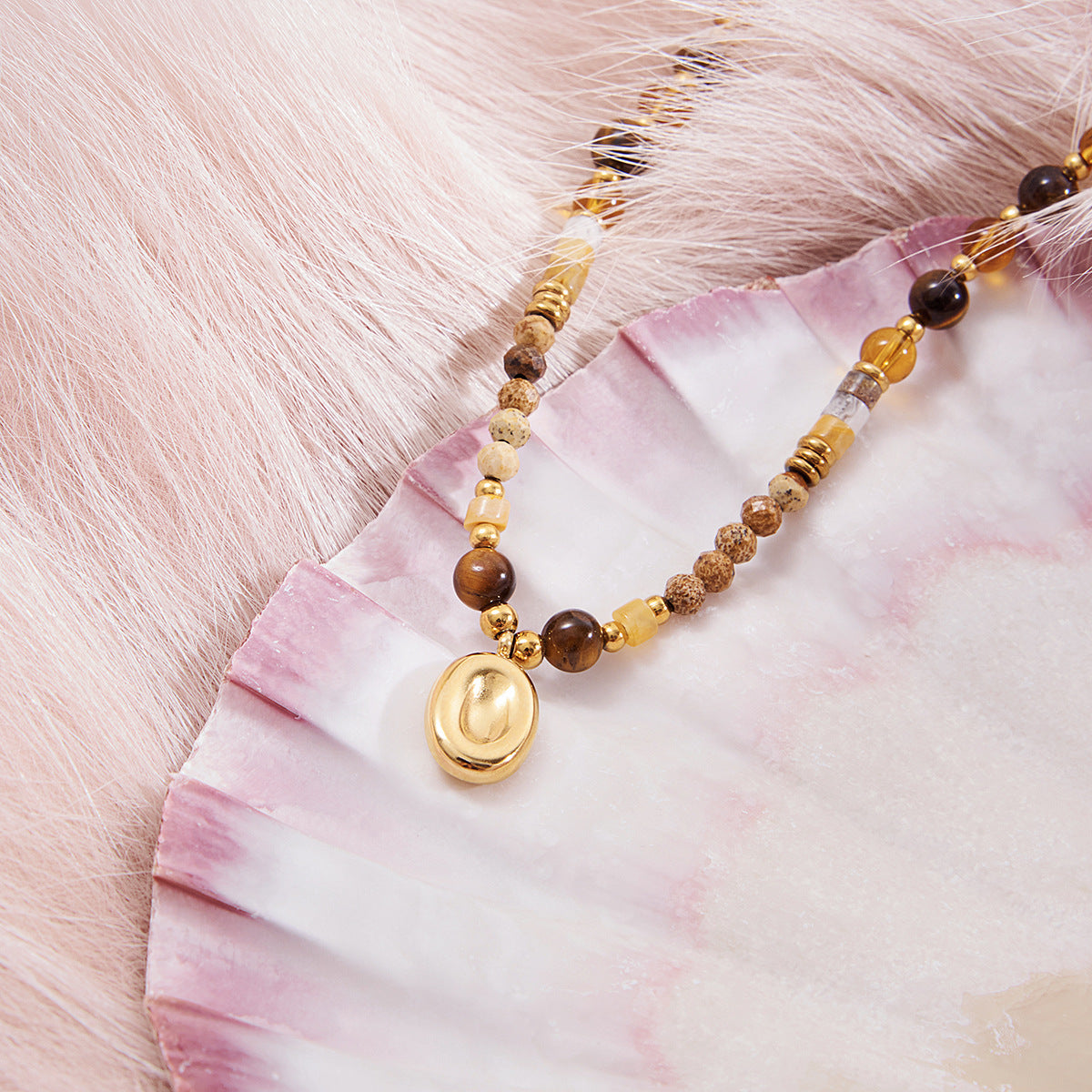 B廠 歐美款 虎眼石天然石玻璃水晶串珠 鈦鋼鍍18K金項鍊 批發 折扣@洽客服 25.10.W5「JDN0307008」