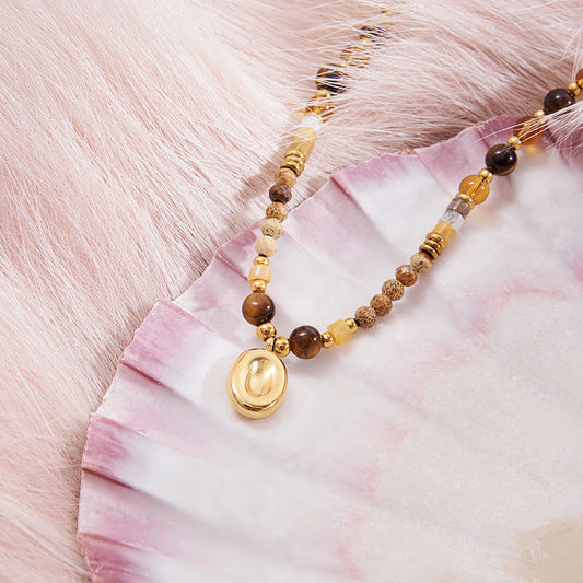 B廠 歐美款 虎眼石天然石玻璃水晶串珠 鈦鋼鍍18K金項鍊 批發 折扣@洽客服 25.10.W5「JDN0307008」