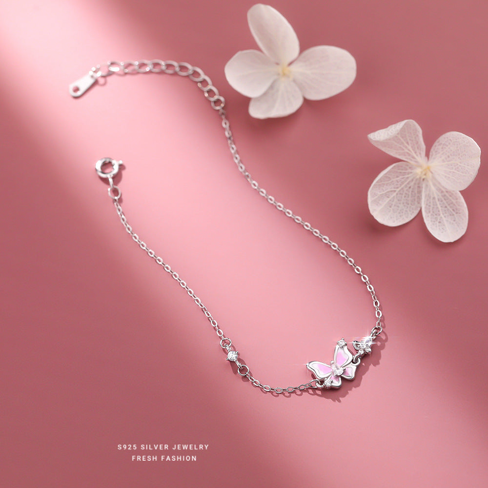 C廠 韓國韓版櫻花粉滴膠蝴蝶S925純銀手鍊 批發 折扣@洽客服 25.12.W3「L1238」