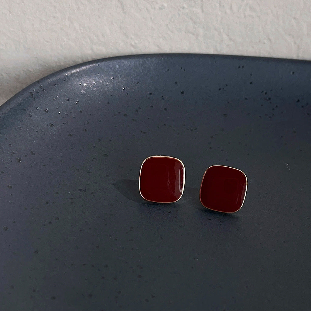 A廠 環保銅｜韓系氣質紅色滴油方形銀針耳環 批發 折扣@洽客服 26.01.W4「A872-A873」