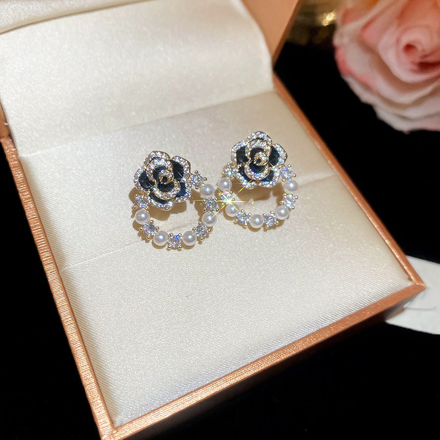 A2廠 韓國韓版鋯石滴油花珍珠銀針耳環 批發 折扣@洽客服 25.12.W4「HE26522」