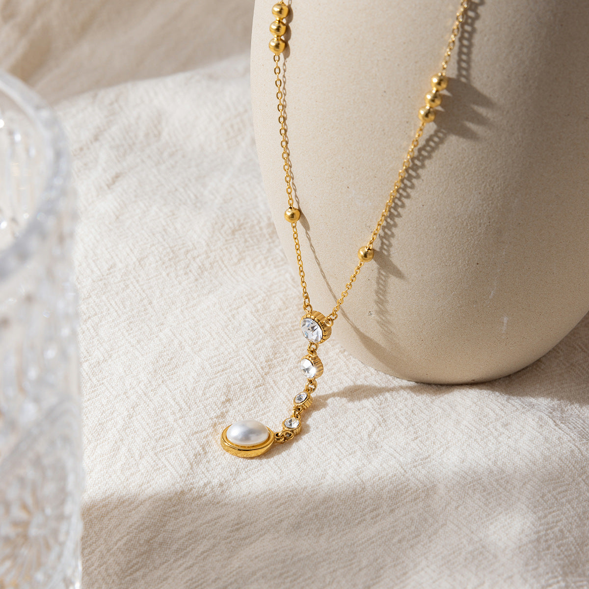 B廠 鈦鋼鍍18K金｜  珍珠白色水鑽項鍊 批發 折扣@洽客服 26.01.W2「JDN0310008」