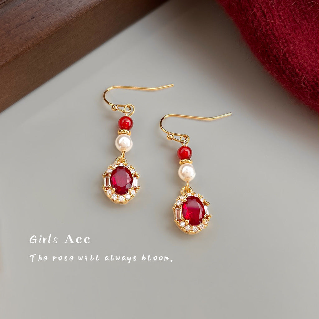 A廠 日韓款復古酒紅鋯石珍珠耳環 批發 折扣@洽客服 26.01.W1「7028」