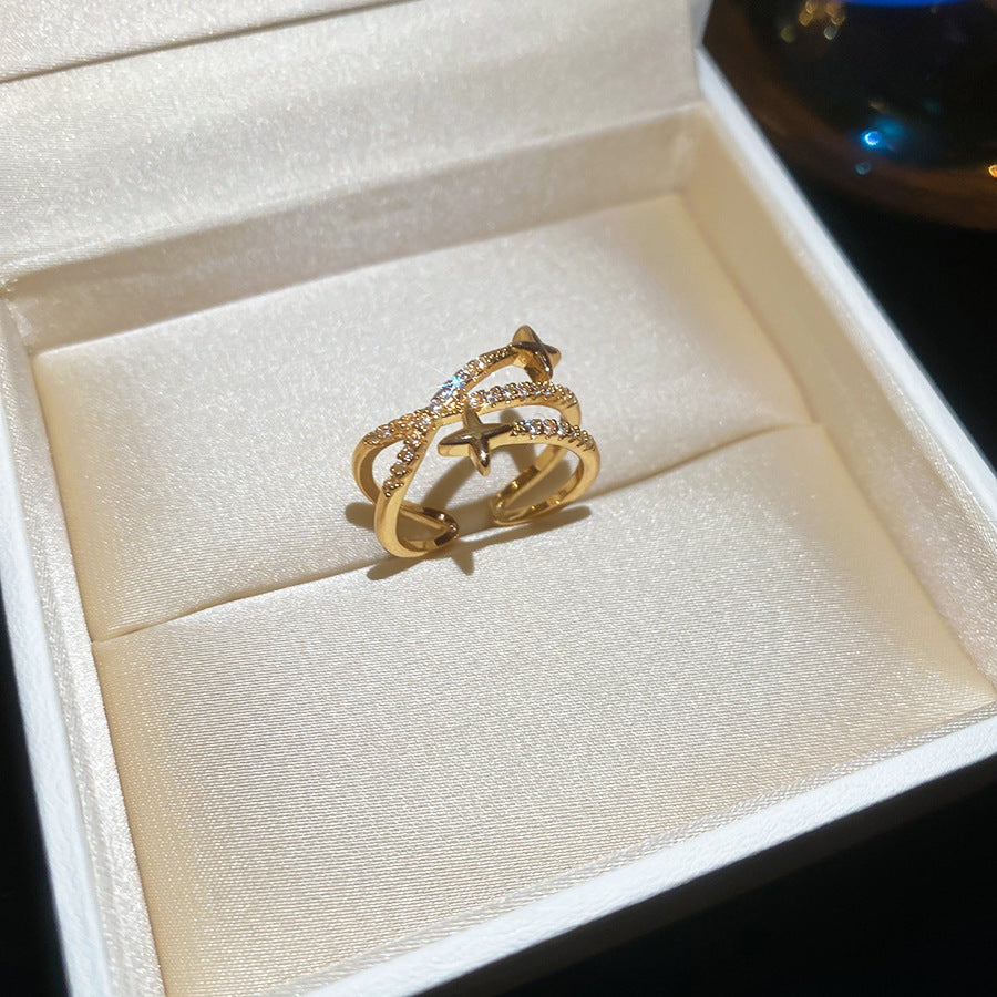 A2廠 韓國韓版鋯石芒星交叉雙層時尚開口戒指 批發 折扣@洽客服 25.11.W3「HR2775-TR124-TR125」