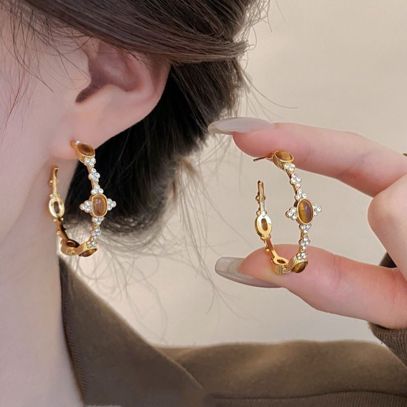 A2廠 韓國韓版虎眼石C型電鍍18k真金耳環  批發 折扣@洽客服 26.01.W1「HE29673」