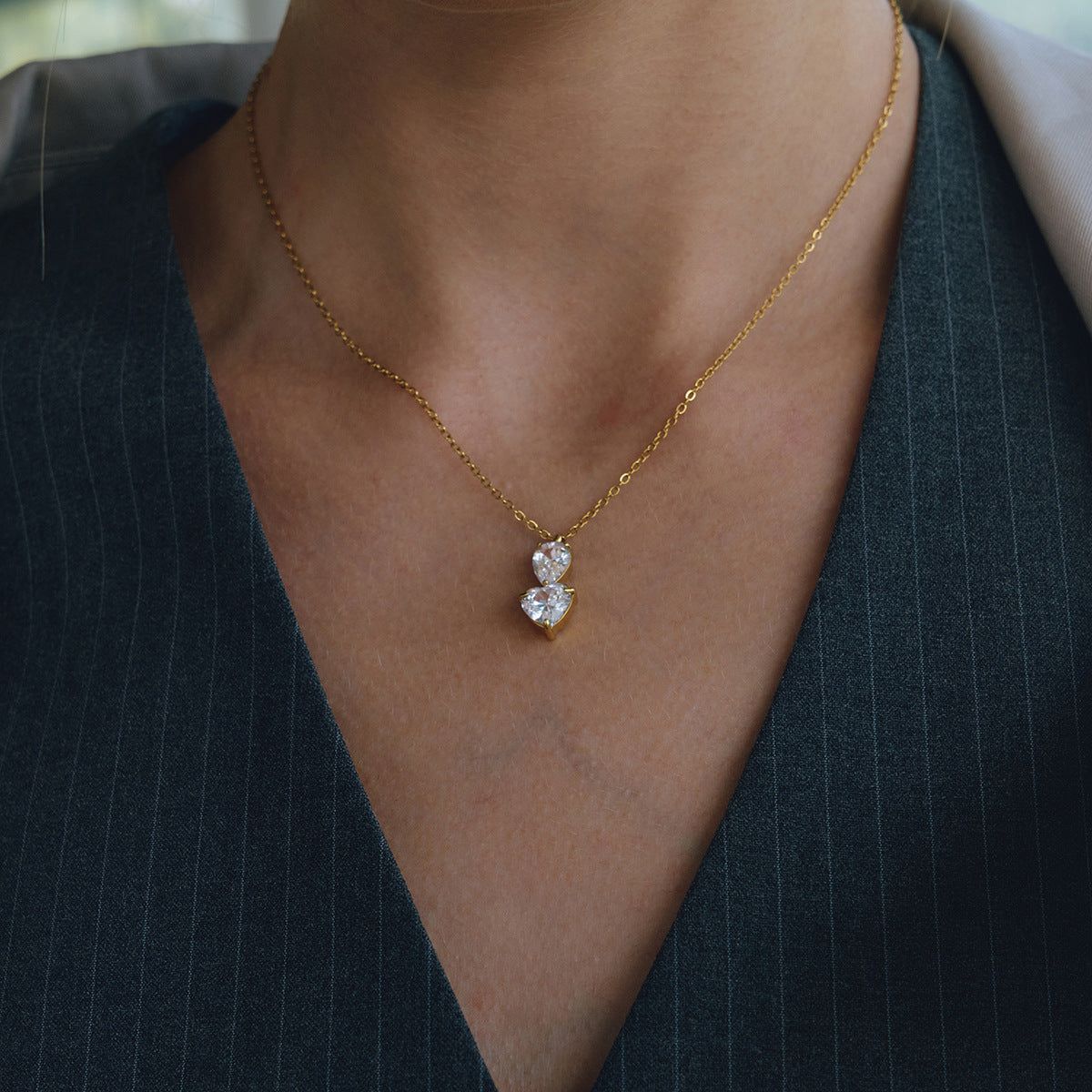 B廠 鈦鋼鍍18K金｜歐美白色水滴形愛心鋯石項鍊 批發 折扣@洽客服 26.01.W4「JDN0212200」