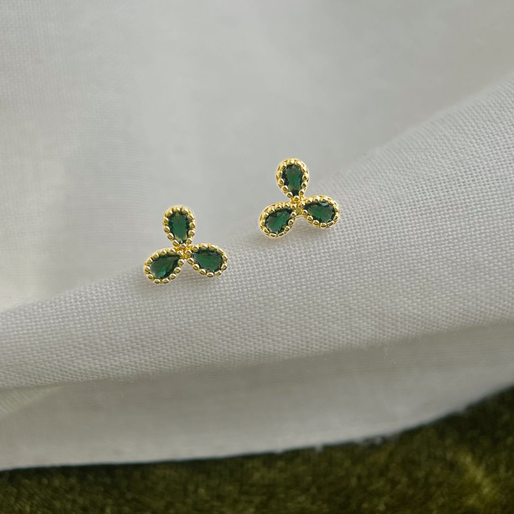 A廠 日韓款三葉花綠鋯石銀針耳環批發 折扣@洽客服 26.05.W2「4463」