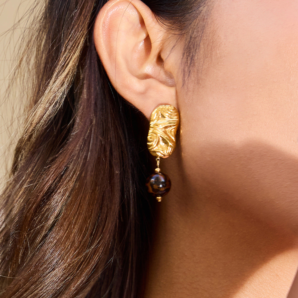 B廠 歐美款 OLIVIA 豹紋樹脂珠子鈦鋼鍍18K金耳環 批發 折扣@洽客服 25.11.W2「JDE0304009-BR」