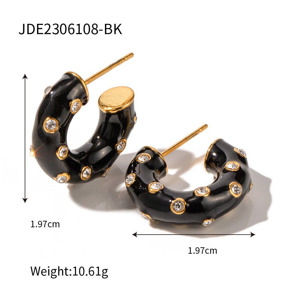 D廠【JDE2306108】18k不銹鋼黑色滴油鑲鑽C形耳環 23.07.W4