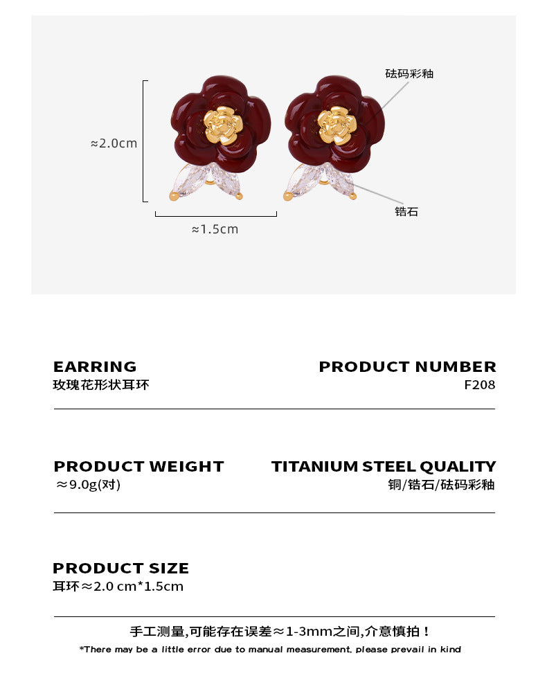 B廠 銅鑲鋯石琺瑯彩釉玫瑰花耳環「F208」24.01.W2  批發折扣@洽客服