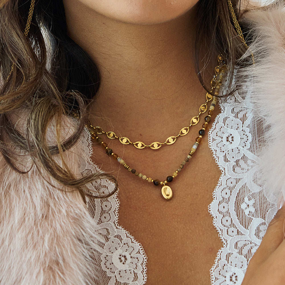 B廠 歐美款 虎眼石天然石玻璃水晶串珠 鈦鋼鍍18K金項鍊 批發 折扣@洽客服 25.10.W5「JDN0307008」