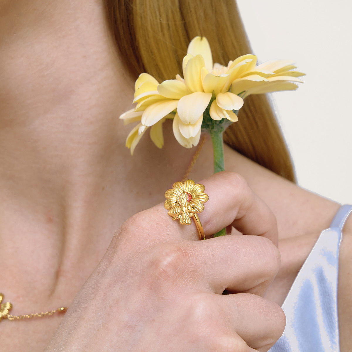 B廠 鈦鋼鍍18K金｜歐美橘色鋯石蜜蜂小雛菊戒指 批發 折扣@洽客服 26.01.W4「JDR0211102-7」