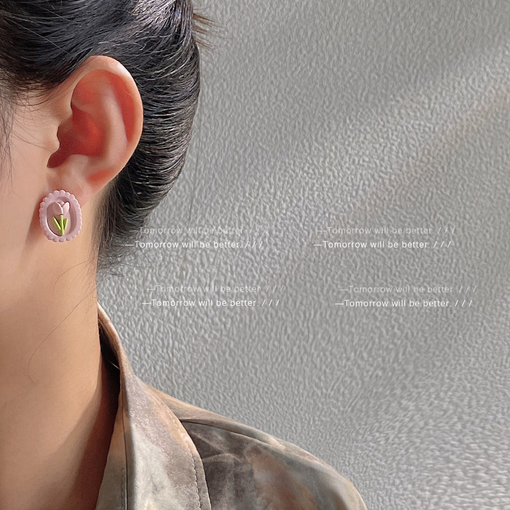 A廠 日韓可愛撞色鬱金香銀針耳環批發 折扣@洽客服 26.03.W3「B-447」