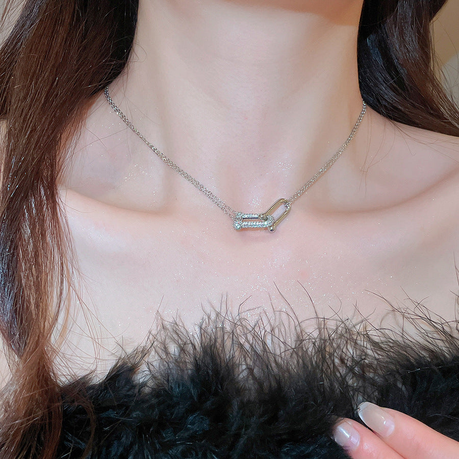 A2廠 韓國韓版簡約雙層鋯石馬蹄交叉項鍊批發 折扣@洽客服 26.03.W3「HN11327」