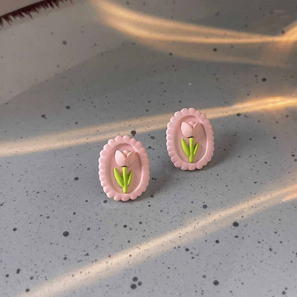 A廠 日韓可愛撞色鬱金香銀針耳環批發 折扣@洽客服 26.03.W3「B-447」