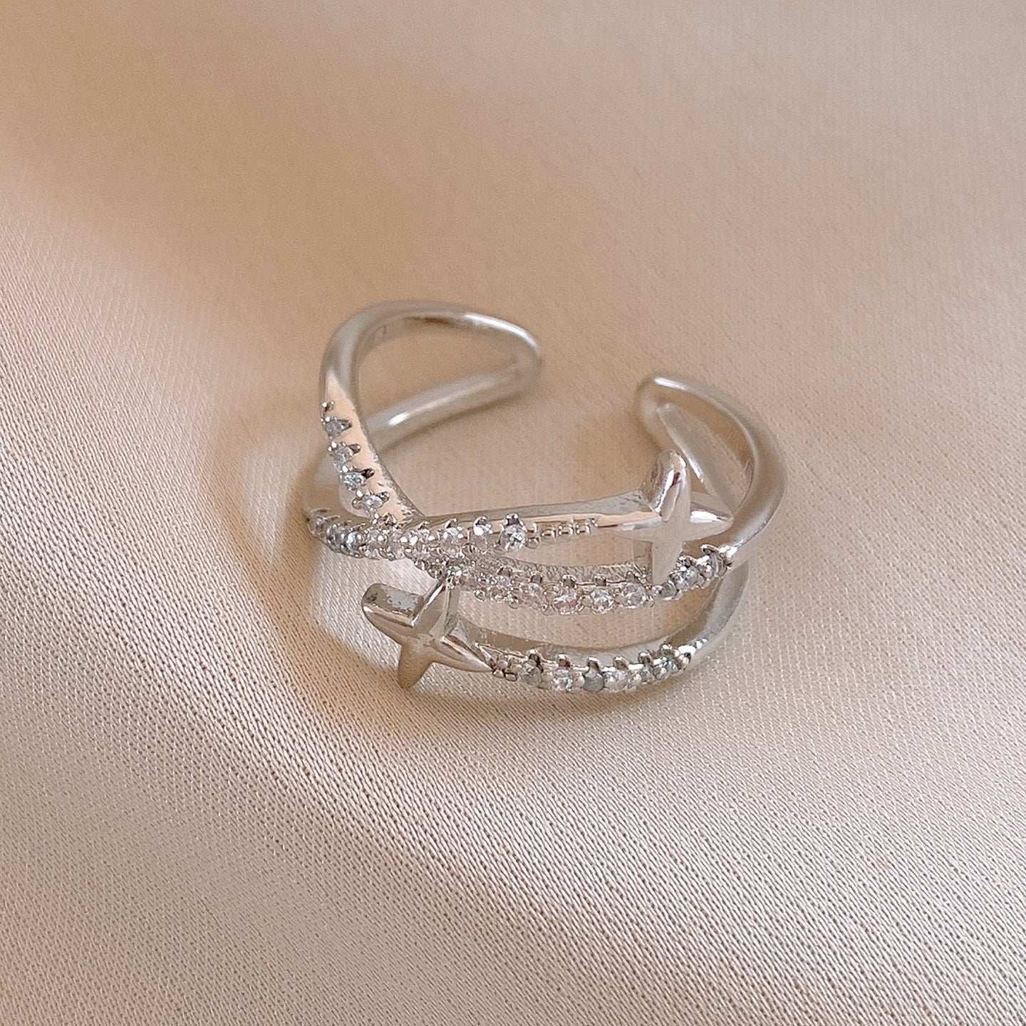 A2廠 韓國韓版鋯石芒星交叉雙層時尚開口戒指 批發 折扣@洽客服 25.11.W3「HR2775-TR124-TR125」