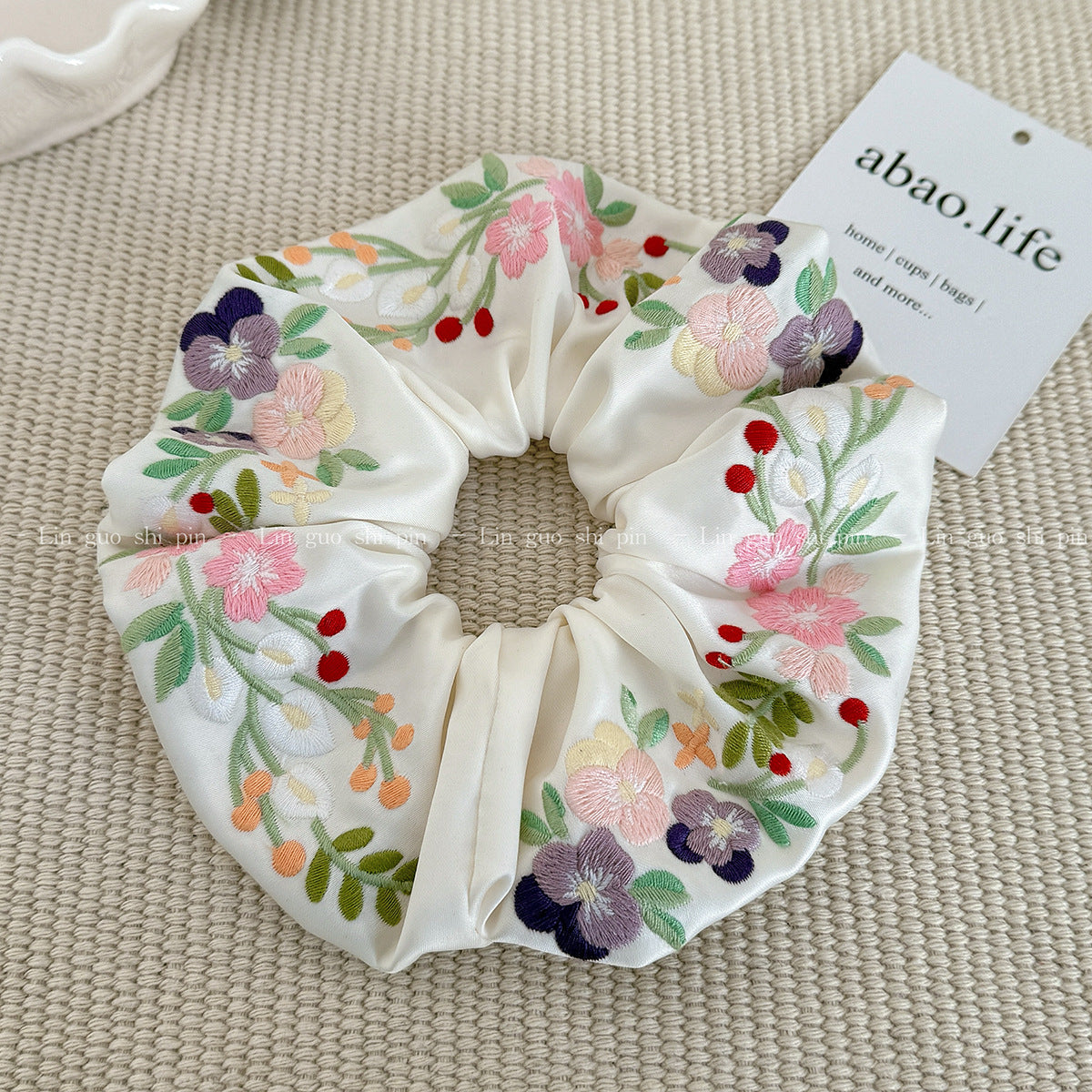 D廠 刺繡花朵緞面質感大腸髮圈髮飾批發 26.04.W3「FQ-0004」