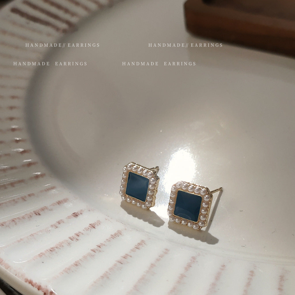 A廠 日韓款 復古珍珠滴油方形銀針耳環 批發 折扣@洽客服 25.10.W5「B-192-B-193」