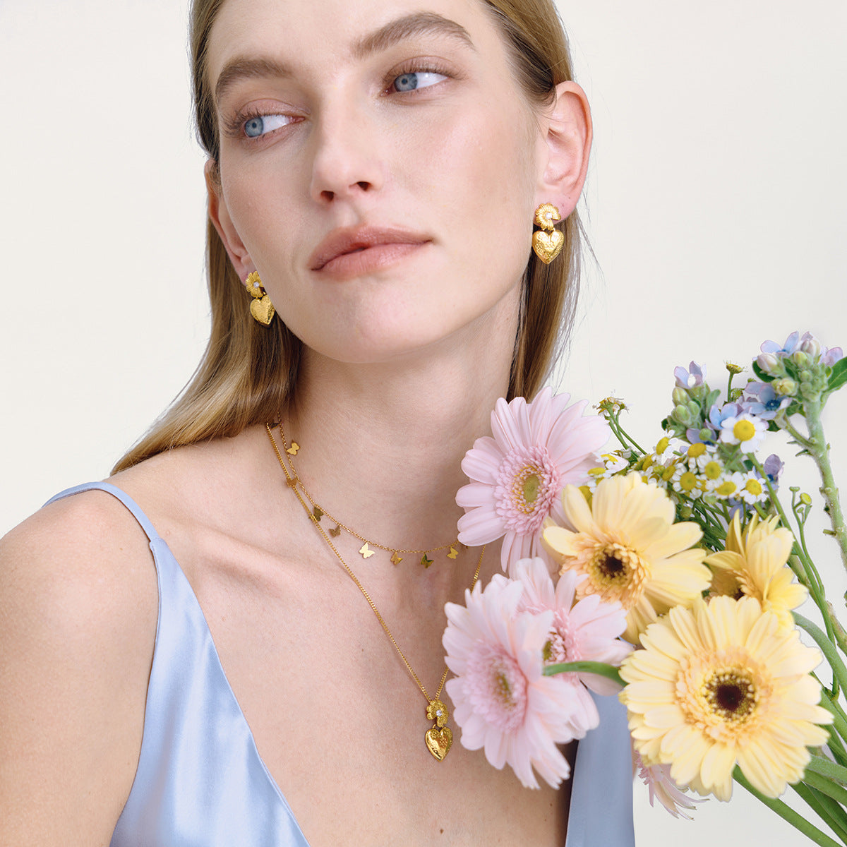 B廠 鈦鋼鍍18K金｜歐美小雛菊愛心耳環 &項鍊 批發 折扣@洽客服 26.01.W4「JDN0211105 JDE0211105」