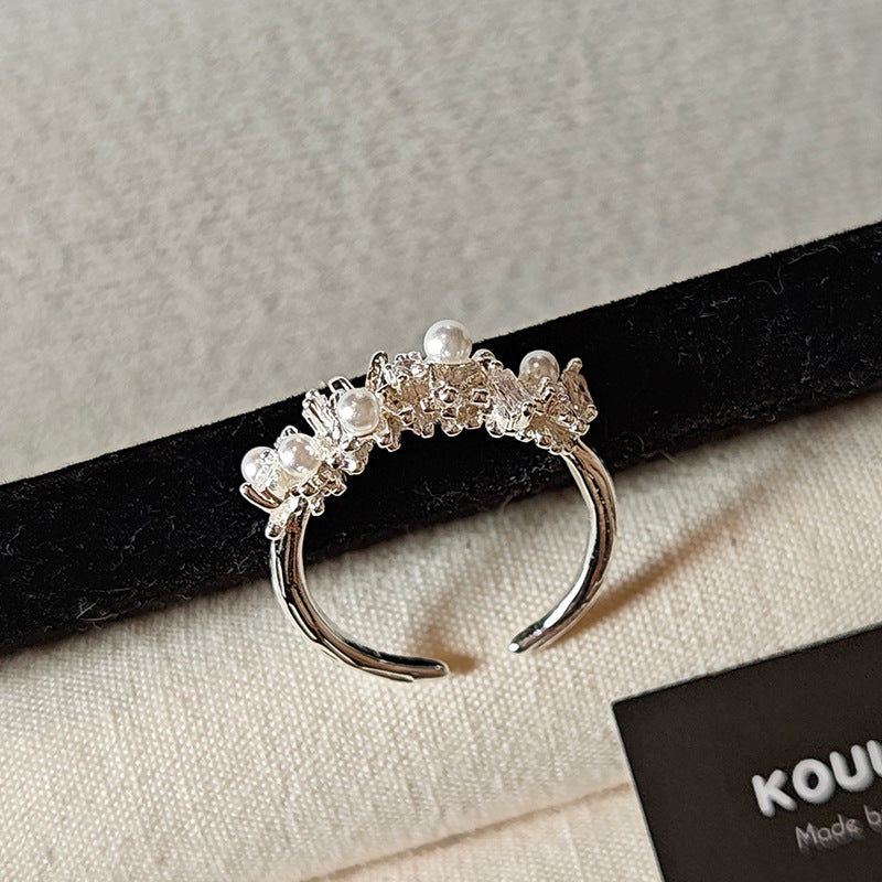 A2廠 韓國韓版重工設計感鋯石珍珠開口戒指 批發 折扣@洽客服 25.12.W1「HR2826」