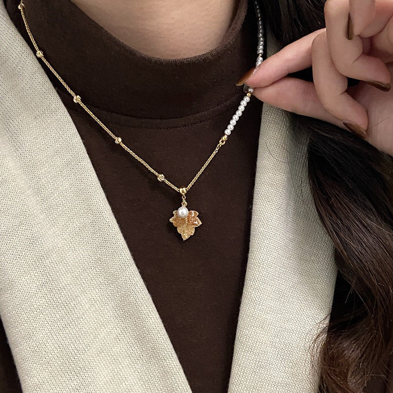 A2廠 韓國韓版鋯石楓葉珍珠串珠電鍍18K真金項鍊 批發 折扣@洽客服 25.11.W2「WN1854」