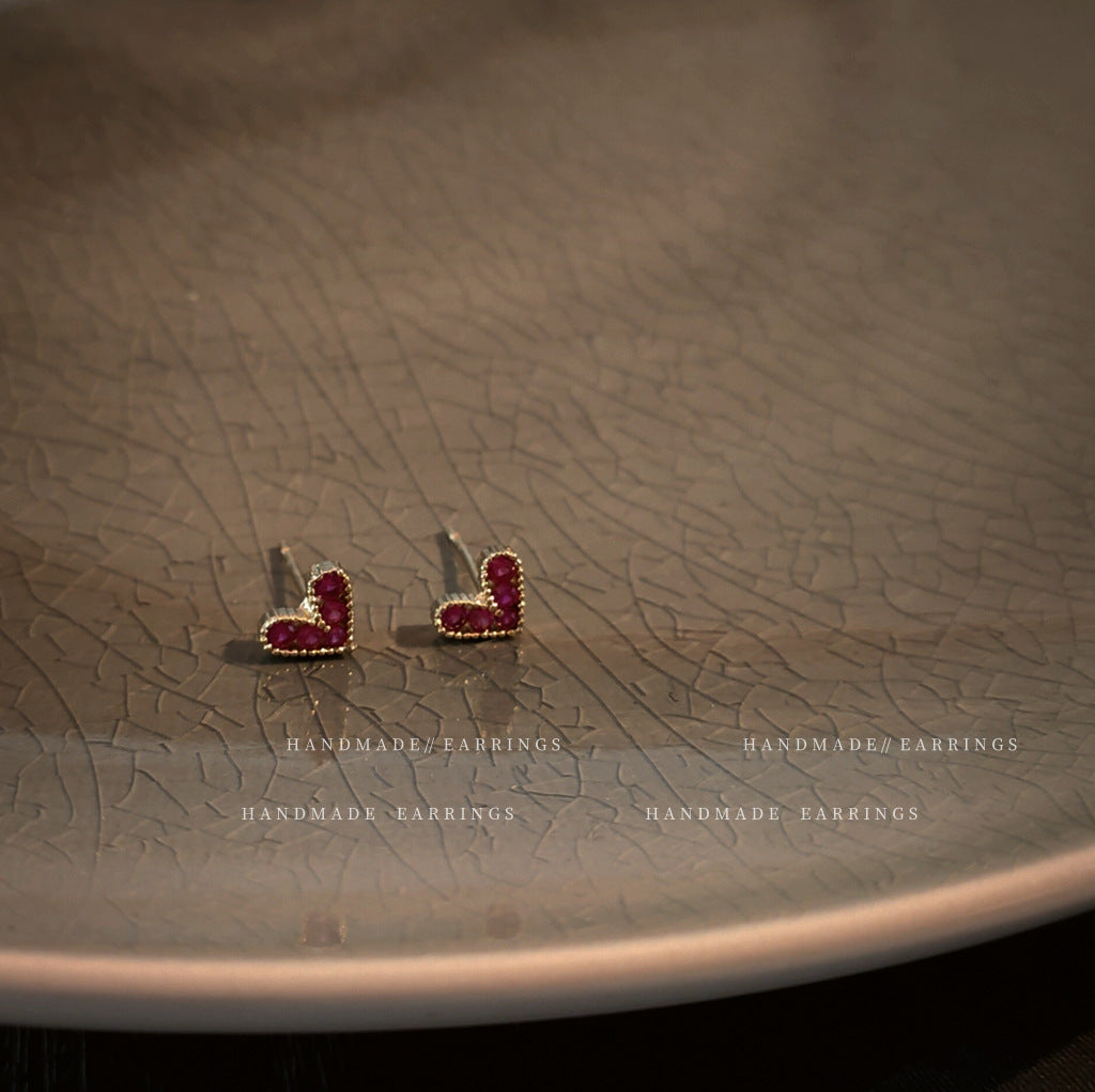 A廠 環保銅 ｜ 韓系系迷你玫紅心形微鑲鋯石銀針耳環 批發 折扣@洽客服 26.01.W3「A204」