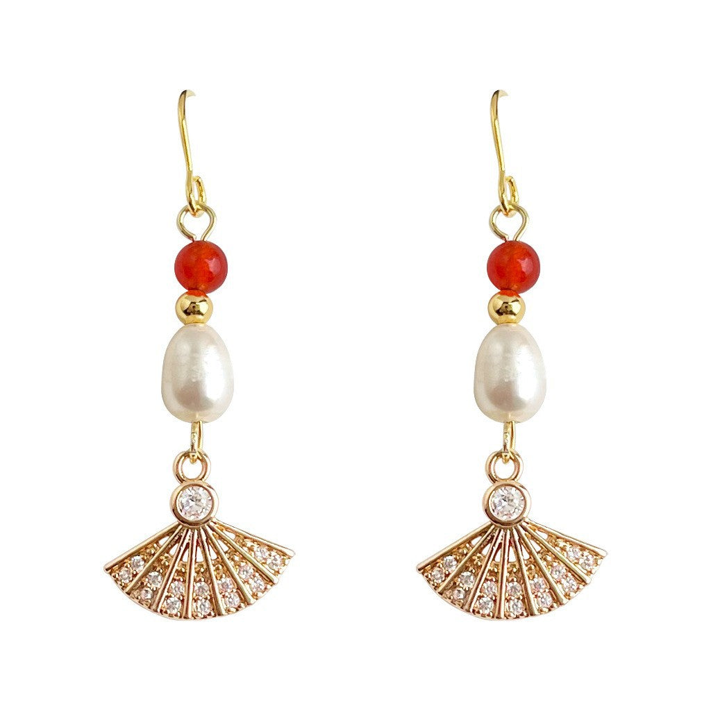 A廠 日韓款手作淡水珍珠紅瑪瑙扇形耳環 批發 折扣@洽客服 26.01.W1「7025」