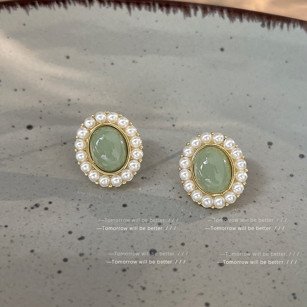 A廠 法式復古綠橢圓形珍珠銀針耳環「A106」 23.10.W1 批發折扣@洽客服