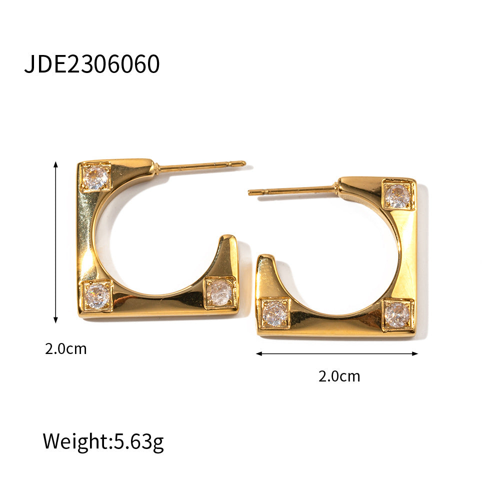 D廠【JDE2306060】輕奢高級感18K鍍金不銹鋼方形鋯石鑲嵌耳環 23.08.W1